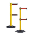 CCW Series WBB-200D - Set of 2 Retractable Dual Belt Stanchion Safety Barrier, Heavy-Duty Rubber Base Yellow Post (9 Foot Belt, Black with Horizontal Red Stripe Belt)