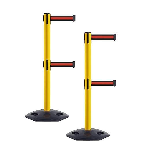 CCW Series WBB-200D - Set of 2 Retractable Dual Belt Stanchion Safety Barrier, Heavy-Duty Rubber Base Yellow Post (11 Foot Belt, Black with Horizontal Red Stripe Belt)