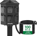 Outdoor Power Strip Weatherproof, 100 FT Extension Cord with Power Stake, 6 Grounded Outlets for Outdoor Lights, 15A/1875W, ETL Listed