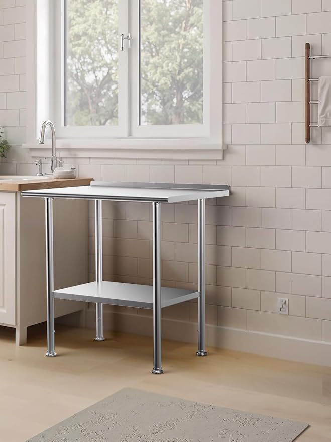 Stainless Steel Prep Table for Work, 24 * 36 Inch, High Load Bearing with Rounded-Corner Backsplash and Undershelf for Outdoor, Restaurants, Workshops, Kitchens, Garages and Gardens