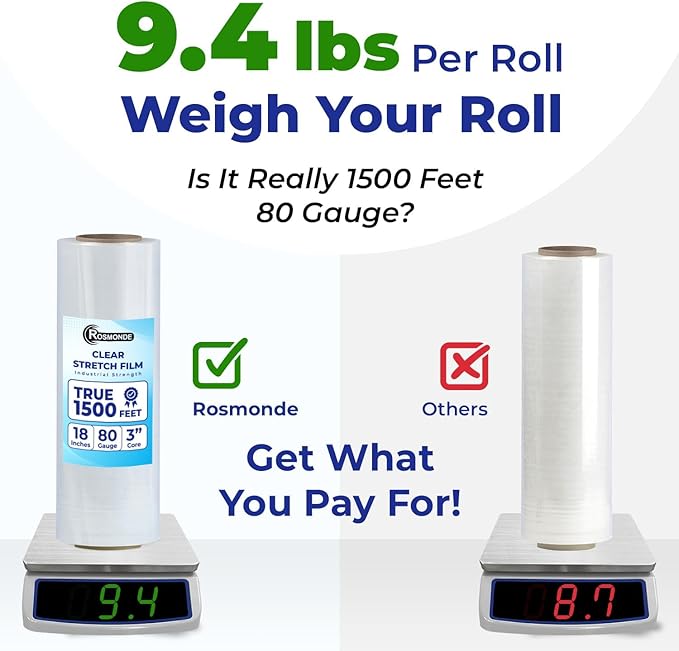 Rosmonde 400 Pack Bulk Plastic Wrap for Moving, Heavy 9.4 Lbs Rolls, 18" x 1500 ft Shrink Wrap for Daily Bulk Wrapping, 80 Gauge, Shrink Wrap Rolls for Storage Solutions, Bulk Stretch Wrap for Moving