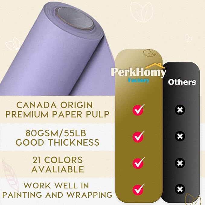PerkHomy 17.8" x 1,440" (120') Light Purple Kraft Paper Roll for Craft Bulletin Board Paper Art Table Covering Crafting Gift Wrapping Bouquet Packing Parcel 80GSM (Light Purple, 17.8" x 120')
