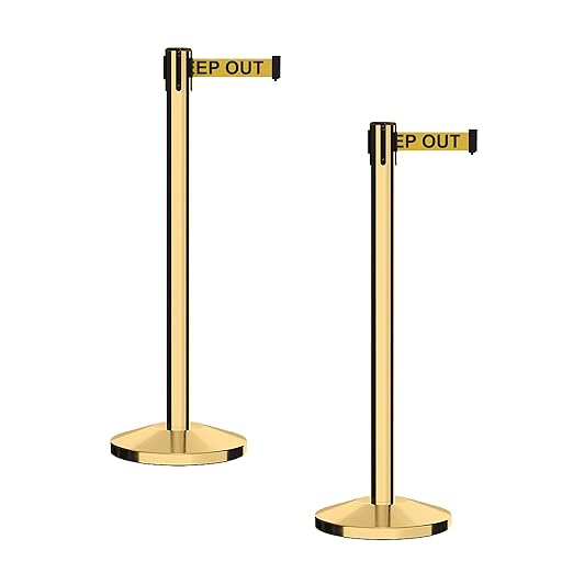 CCW Series RBB-100 - Set of 2 Stanchion Retractable Belt Barriers (9 Foot Belt, Yellow with"Danger - Keep Out" Black Letters Belt with Polished Brass Post)