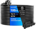 100 FT Outdoor Extension Cord Waterproof, Black, 3-Prong Power Cord, 16 AWG SJTW, 10A 1250W, Grounded, General Purpose Long Extension Cord for Lawn & Garden, ETL Listed