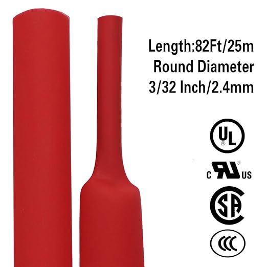 XHF 3/32 Inch(2.4mm) 82 Ft XHF 3:1 Waterproof Red Heat Shrink Tubing Roll Marine Grade Adhesive Lined Shrink Tube, Insulation Sealing Oil-Proof Wear-Resistant