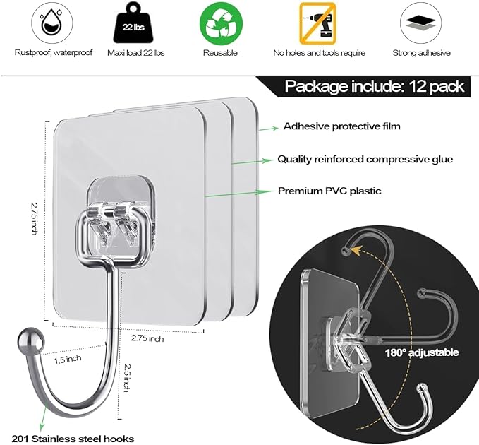 ZESLMG Large Adhesive Hooks for Hanging Wall, 12 Pack Self Sticky Hooks Heavy Duty 22lb Clear, Removable Shower Hook No Damage for Towel Key Coat Wreath Picture Outdoor Bathroom Kitchen, Waterproof