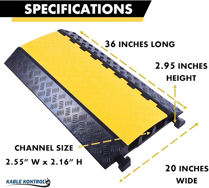 Kable Kontrol Atlas Heavy Duty Cable Protector Ramp - 3 Channel Bulk Wholesale Pallet - 30 Pcs - 36” Long Black & Yellow – 44000 Lbs Capacity - Rubber Speed Bump Wire Protector Cord Cover – CP9986