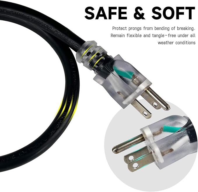 EP 25 Ft Lighted Outdoor Extension Cord - 10/3 SJTW Heavy Duty Black Extension Cable with 3 Prong Grounded Plug for Safety, UL Listed