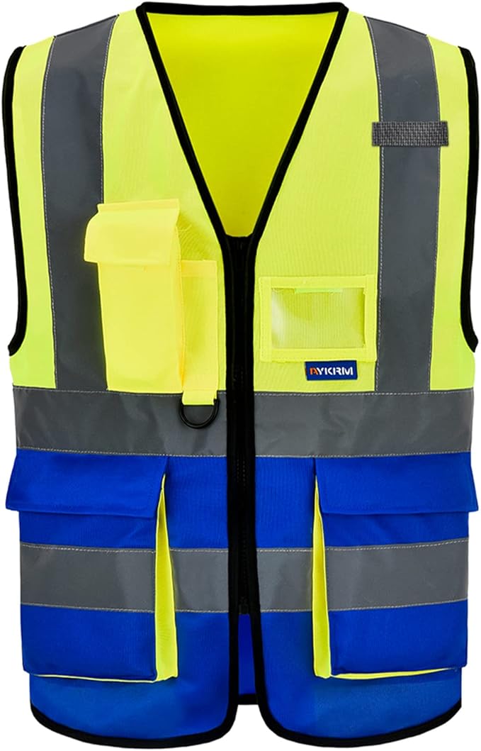 4XL 5XL Yellow Blue High Visibility REFLECTIVE WORK Safety Vest with zipper Reflective Strips 7 Pockets
