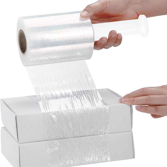 PSBM 12 Rolls 4 Inch x 1000 Feet 80 Gauge Mini Stretch Film/Wrap with Plastic Handle, Heavy Duty Industrial Strength Clear Shrink Plastic Wrap for Moving, Packing, Shipping, Bundling & Storage