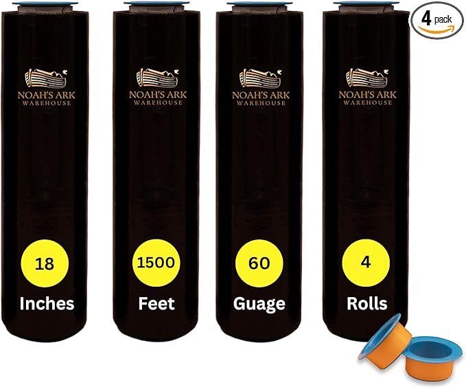 Noah's Ark Warehouse 18" x 1500FT Industrial Class Pallet Wrap, 60 Gauge 4 Rolls Black Stretch Film for Warehouse Packing, Adhering Packing Moving Packaging (4 Pack)