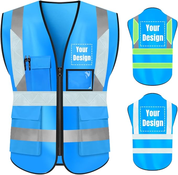 YOWESHOP High Visibility Safety Vest Custom Your Logo Protective Workwear 5 Pockets With Reflective Strips Outdoor Work Vest (3XL, Blue Luminous)
