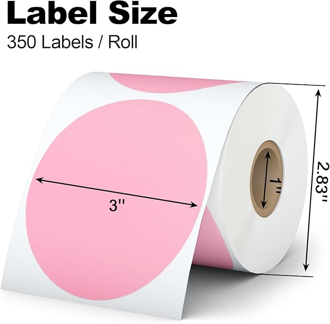 Misofuki 350 Pcs 3 inch Pink Round Thermal Sticker Labels Roll Used with Zebra, Rollo, MUNBYN, Self-Adhesive Circle Multipurpose Direct Thermal Labels for DIY Logo Design, QR Code, Inventory Labels