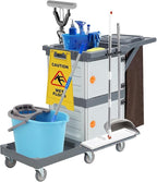 Commercial Janitorial Cart with 2 Cabinet, Housekeeping Caddy with Cover, Shelves, and Vinyl Bag, Cleaning Cart On Wheels