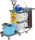 Janitorial Cart with 2 Cabinet, Commercial Traditional Janitorial 3-Shelf Cleaning Cart On Wheels with Cover and Vinyl Bag, Grey
