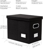 PRANDOM File Organizer Box - Set of 4 Collapsible Decorative Linen Filing Storage Hanging File Folders with Lids Office Cabinet Letter Size Black (14x9.3x10.8 inch)