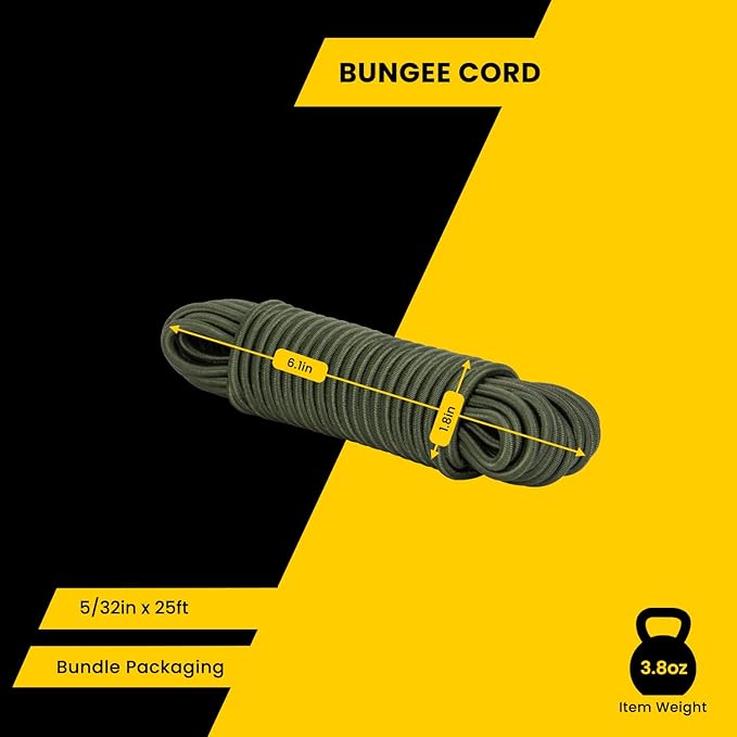 Bungee Cord Elastic Shock Cord 5/32" x 25' Bungee Rope for DIY, Tie Downs, Kayak and Outdoor - Army Green