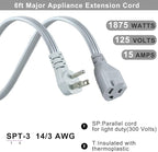KUNCAN Appliance Power Extension Cord - 3 Prong Flat Wire SPT-3 14 AWG Heavy Duty Male to Female Extender Low Profile Grounded Cable for Major AC Unit, Air Conditioner, Refrigerator (6 Feet)