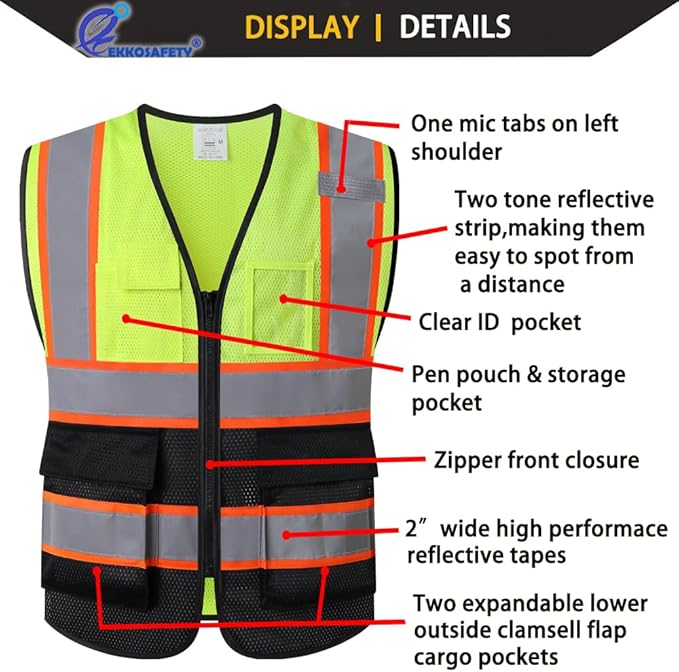Reflective Mesh Safety Vest for Men Women with 5 Pockets and Zipper Front High Visibility Mesh Vest Hi Vis Construction Work Vest,Meets ANSI/ISEA Standards(EK175-Yellowblack-2XL)