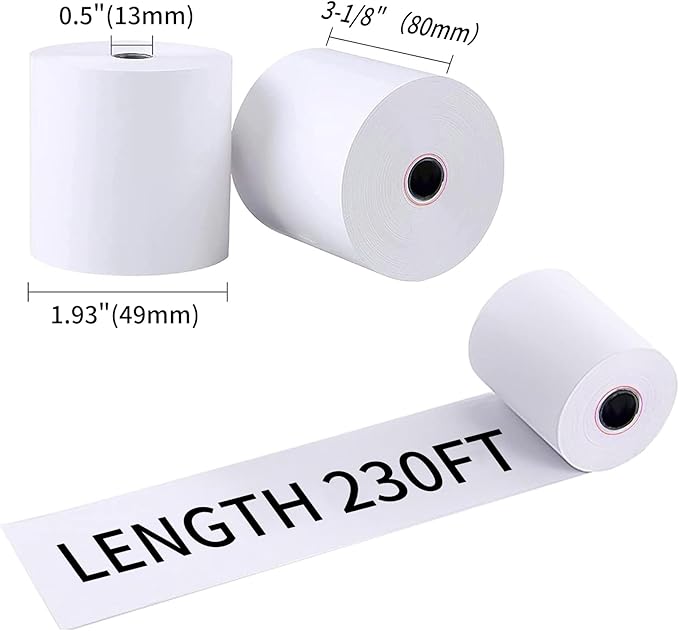 3-1/8" x 230' Thermal Receipt Paper, Pos Receipt Paper, Cash Register Rolls, Receipt Roll for 80mm Thermal POS Printer, 50 Rolls