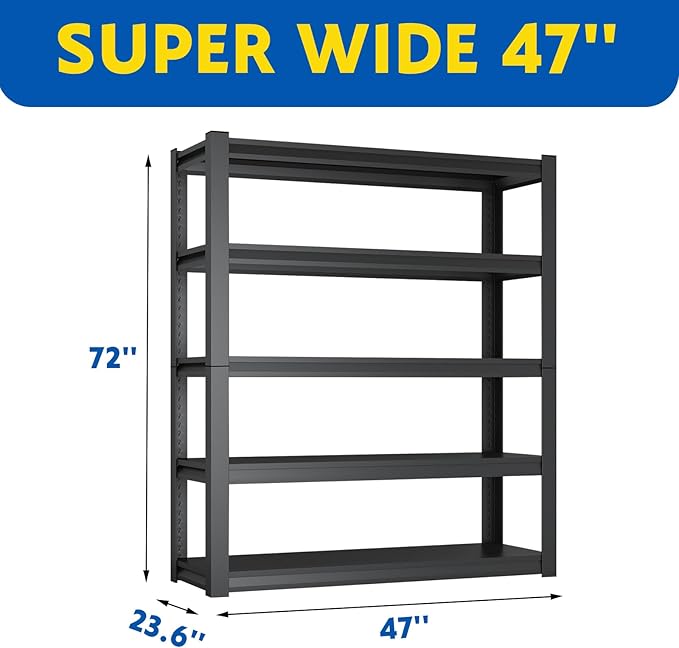 72''H Garage Shelving Heavy Duty,3000LBS Storage Shelves,5-Tier Adjustable Metal Shelve Storage Shelf Rack, Industrial Shelving Unit for Garage,Warehouse,Basement (47" W x 23.6" D x 72" H) 3PC
