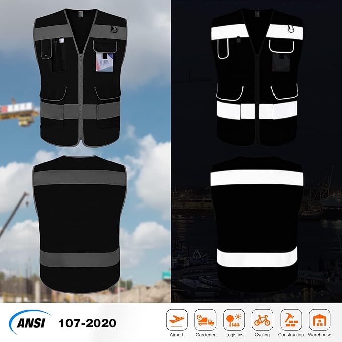 TCCFCCT Mesh Safety Vest for Men Women, 9 Pockets High Visibility Reflective Safety Vest, Hi Vis Construction Vest with Reflective Strips, Meets ANSI/ISEA Standards, (Black, Small)