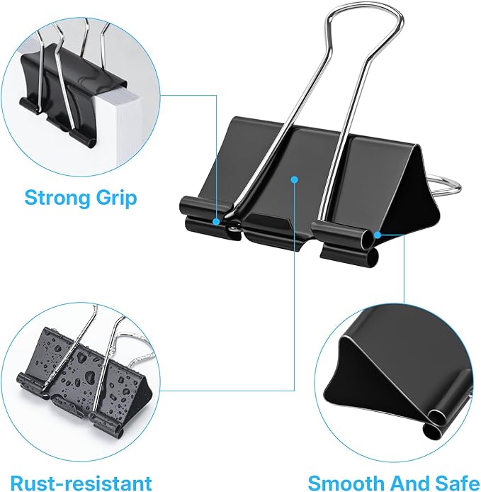 OWLKELA 1.6 Inch (50 Pack) Large Binder Clips, Black Paper Clamps for Office, School, and Home Supplies