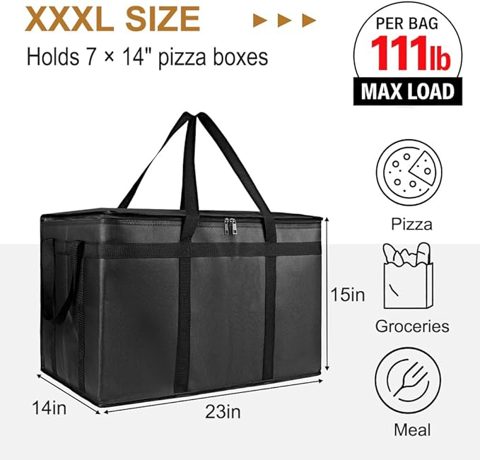 mosago Insulated Food Delivery Bag - Reusable Thermal Cooler Grocery Bags for Catering & Delivery, Retail Shopping Basket Bag, Large Capacity Bag Keeps Food Hot/Cold for Shopping, Commercial (Black)
