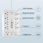 6 FT Flat Plug Surge Protector Power Strip,11 Multiple AC Outlets with 6 USB Ports (2 USB C), 6 Feet Extension Cord, 1250W/10A, One Touch Switch Button, 17 in 1 Compact powerstrip-White