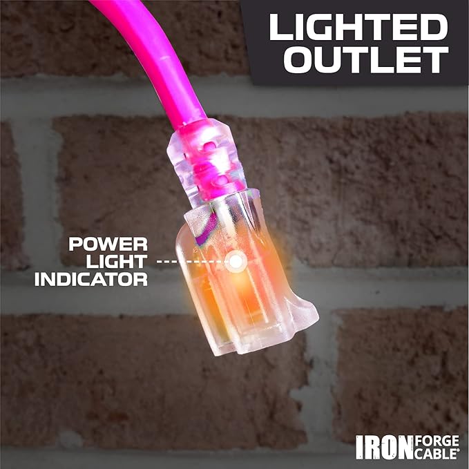 Iron Forge Cable Weatherproof 50 Ft Outdoor Extension Cord - 16/3 SJTW 13 Amp Heavy Duty Neon Pink Extension Cord 3 Prong - Lighted End
