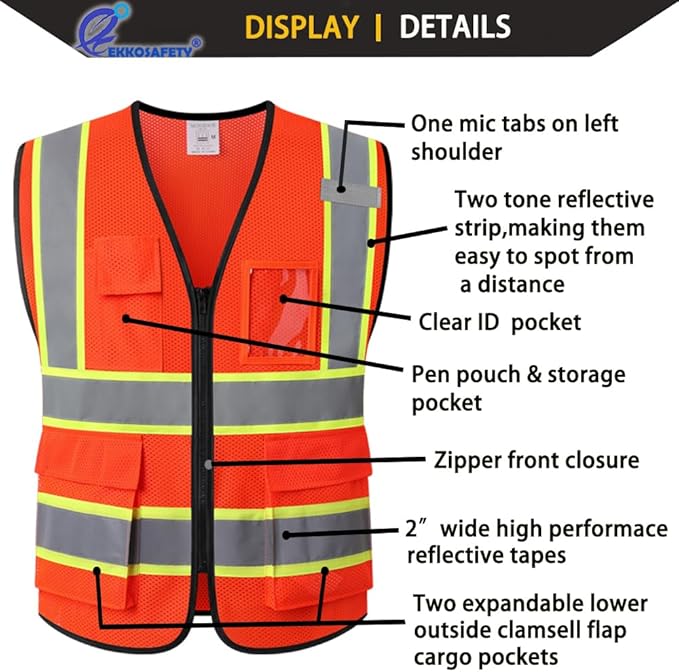 Safety Vest for Men Women Reflective with 5 Pockets and Zipper Front Mesh High Visibility Vest Hi Vis Construction Work Vest,Meets ANSI/ISEA Standards(EK175-Orange-XL)