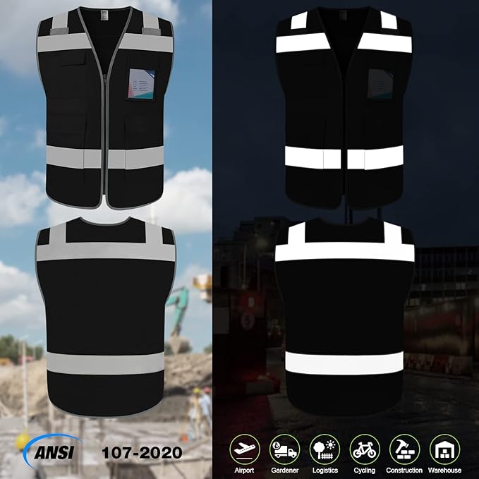 TCCFCCT Safety Vest for Men Women 5 Pockets Reflective Vest with Reinforced Zipper, High Visibility Construction Work Vest with Tabs for Walkie-talkie, Durable to Use, Meets ANSI/ISEA, Black, XXL