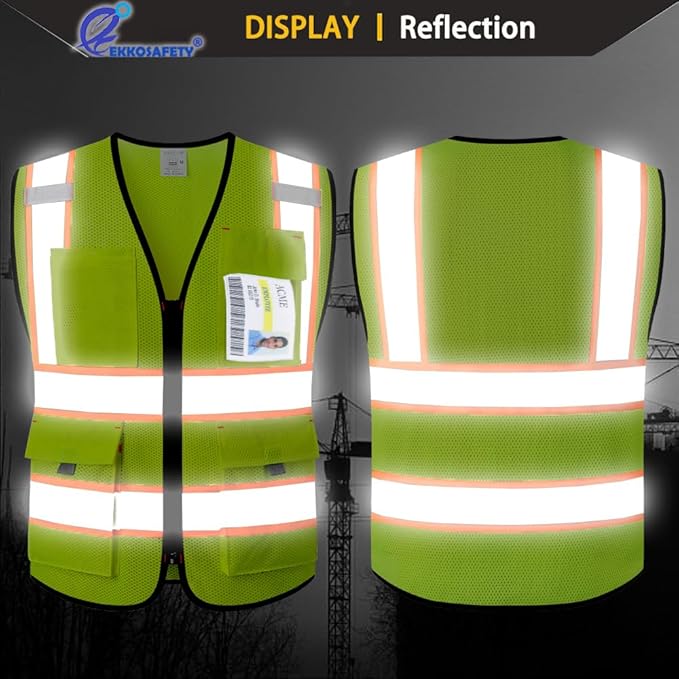 Reflective Safety Vest for Men Women with 9 Pockets and Zipper Front Class 2 High Visibility Mesh Work Vest Hi Vis Construction Vest,Meets ANSI/ISEA Standards(EK176-Yellow-2XL)