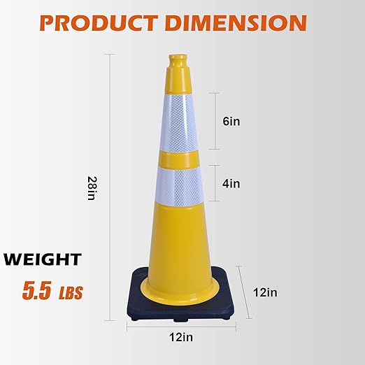 4 Pack 28 Inch Yellow PVC Traffic Cones Black Base Stable Flexible, Road Safety Construction Zone Crowd Control Parking Safety Cones (4, Yellow, 28 Inch)