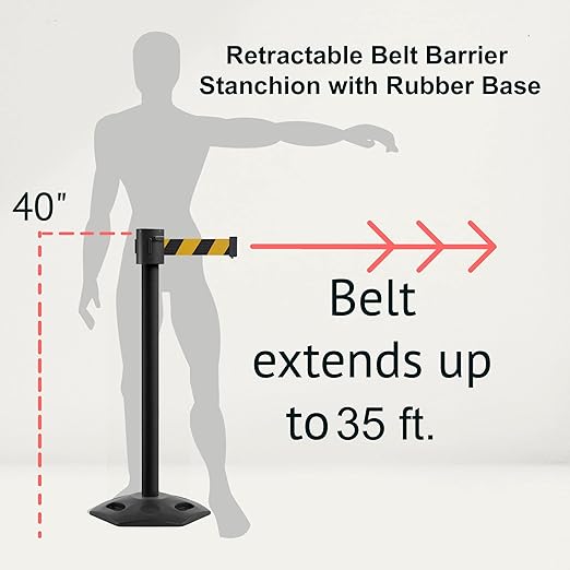 Montour Line MSR760 Set of 2 Retractable Belt Barrier Stanchion, Rubber Base, Black Powder Coated Post (35 ft Black with"Please Wait HERE" White Letters Belt)