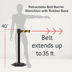 Montour Line MSR760 Set of 2 Retractable Belt Barrier Stanchion, Rubber Base, Black Powder Coated Post (35 ft Black with"Please Wait HERE" White Letters Belt)