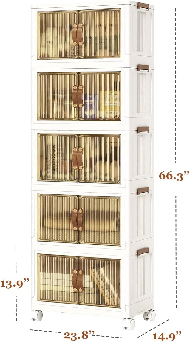 4 Tier Plastic Stackable Storage Bins and Boxes Organizer, Foldable Containers, Stackable Closet Organizers, Collapsible Boxes, White (5 Tier, 23.6″)