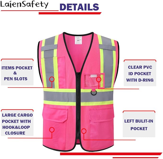 Safety Vest for Men Women Reflective with Multiple Pockets Mesh High Visibility Construction Work Vest,Meets ANSI/ISEA Standards(EK1-178-Pink-S)