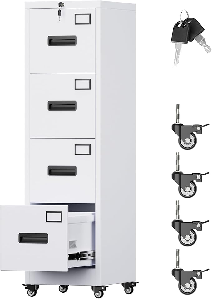Aobabo 4 Drawer File Cabinet with Wheels, Lockable Metal Filing Cabinet with Name Card for Office and Home,Required Assembly,White