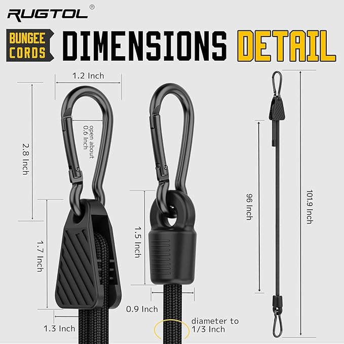 Bungee Cords with Hooks, 96 inch Adjustable Bungee Cords with Carabiner Hooks, Easy to Adjust from 7 to 96 inch Black Elastic Bungee Straps with Clips Heavy Duty for Bike, Cargo, Tarps, 6 Pack