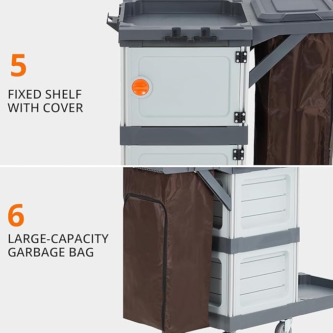 Commercial Janitorial Cart with 2 Cabinet, Housekeeping Caddy with Cover, Shelves, and Vinyl Bag, Cleaning Cart On Wheels