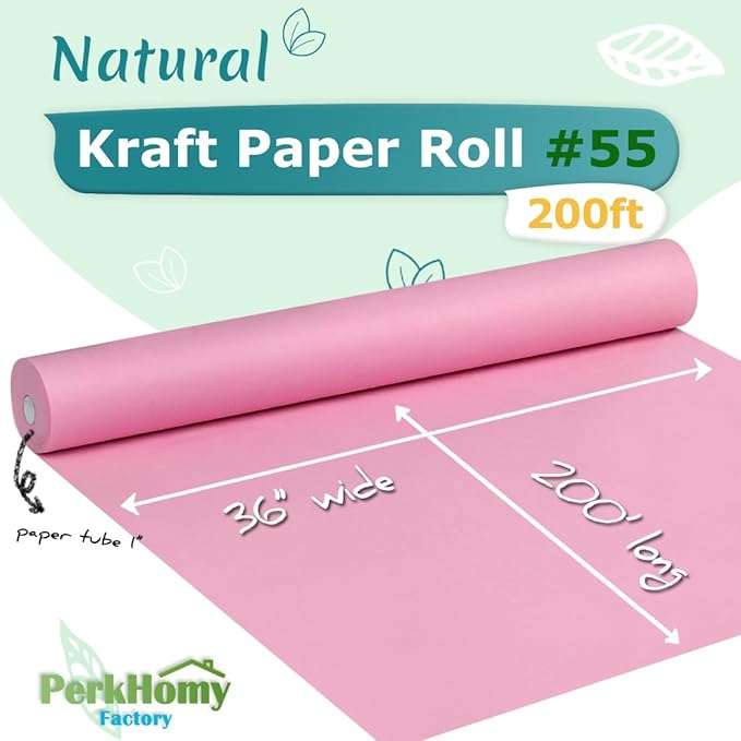 PerkHomy 36" x 2,400" (200') Light Pink Kraft Paper Roll for Craft Bulletin Board Paper Art Table Covering Crafting Gift Wrapping Bouquet Packing Parcel 80GSM 55LB (Light Pink, 36" x 200')