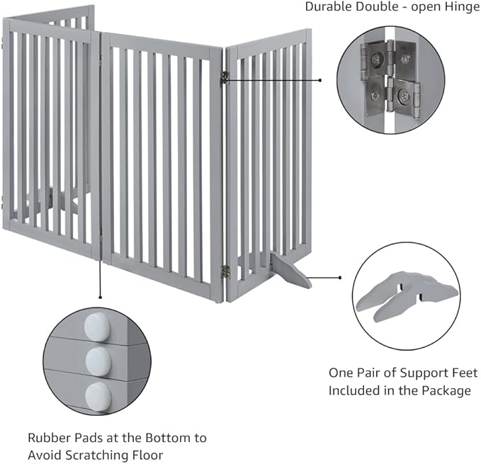unipaws 36”H Free Standing Pet Gate for Dog Cat, Tall Wooden Dog Gates for Doorway, Stairs, Foldable Pet Fence for The House, Expandable Barrier, Indoor Use, Grey