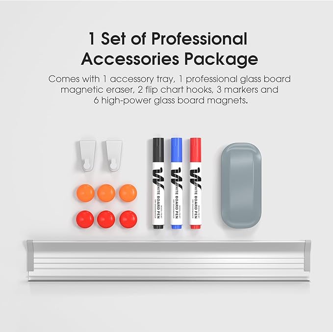 MaxGear Glass White Board 60x40 Inches, Wall Mounted Magnetic Glass Dry Erase Board, Large Frameless Whiteboard with 1 Eraser,3 Markers and 6 Magnets for Office, School, Home