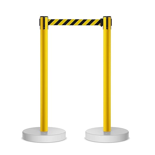 Crowd Control Warehouse - CCW Set of 2 Retractable Belt Barrier Stanchion, Water Fillable Base MSH630-11 Foot Belt, Black/Yellow Belt with Yellow PVC Plastic Post