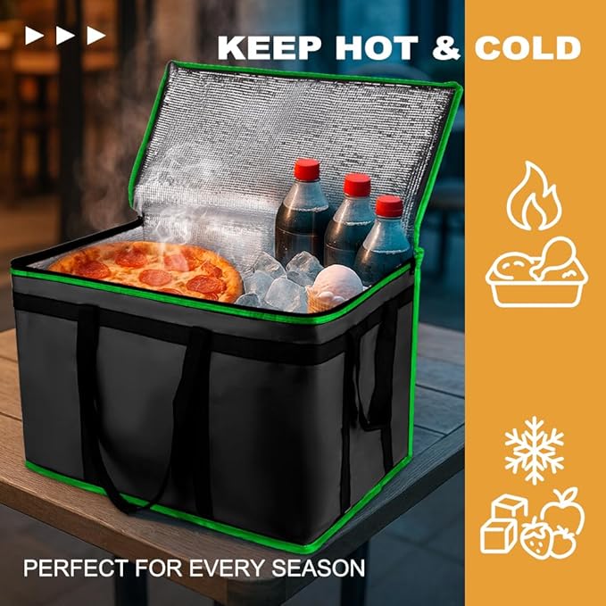 mosago Insulated Food Delivery Bag - Reusable Thermal Cooler Grocery Bags for Catering & Delivery, Pizza Carrier for Events, Large Capacity Bag Keeps Food Hot/Cold (Black with Green Trim, with Base)