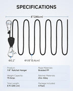 Fondwell 1/8" Rope Tie Downs Ratchet: 4 Pack of Grow Light Hangers Adjustable - Mini Ratchet Straps for Various Hanging and Strapping