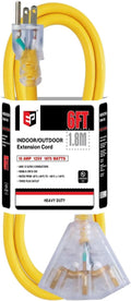 EP 6 Ft 12 Gauge Heavy Duty Extension Cord, 15A 125V 1875W, 3 Outlet Indoor/Outdoor Power Cord with Lighted End, 12/3 SJTW Weatherproof Yellow, UL Listed