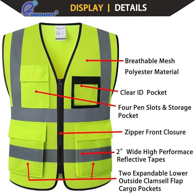 Hi Vis Reflective Safety Vest for Men Women Mesh Class 2 High Visibility Vest with Pockets,Meets ANSI/ISEA Standards(EK170-Mesh-Yellow-2XL)