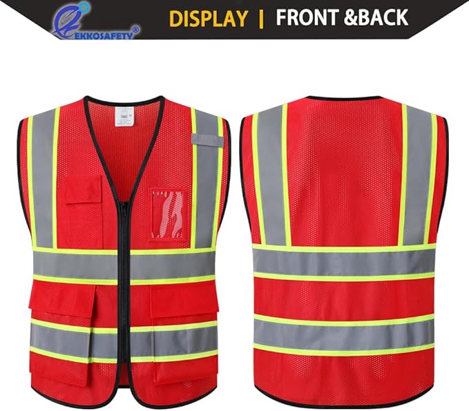 Reflective Mesh Safety Vest for Men Women with 5 Pockets and Zipper Front High Visibility Vest Hi Vis Construction Work Vest,Meets ANSI/ISEA Standards(EK175-Red-2XL)